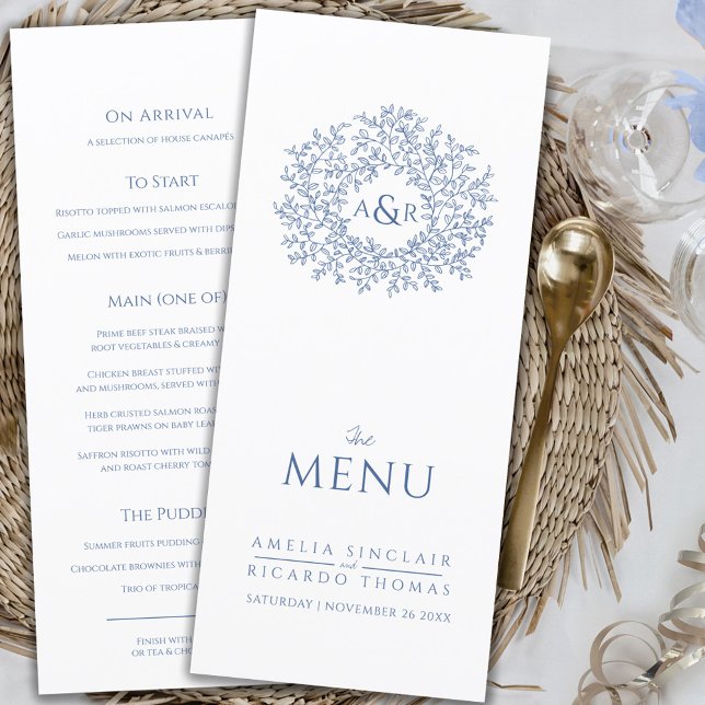 Blue and white leaf drawing monogram wedding menu (Creator Uploaded)