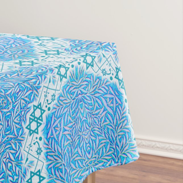 Blue and White Leafy Star of David Border Tablecloth (In Situ)