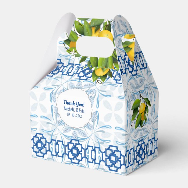 Blue and White Lemon Mediterranean Wedding Favor Boxes (Front Side)