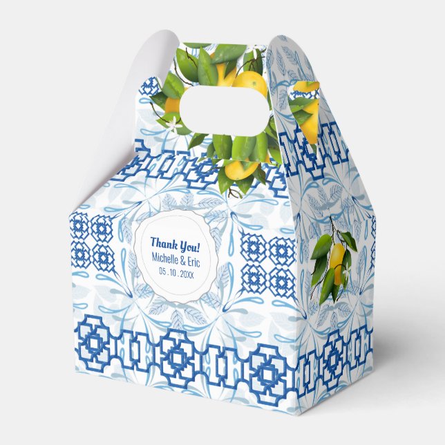 Blue and White Lemon Mediterranean Wedding Favor Boxes (Front Side)