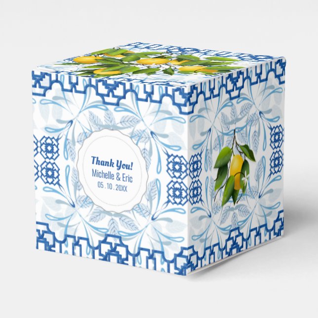 Blue and White Lemon Mediterranean Wedding Favor Boxes (Front Side)