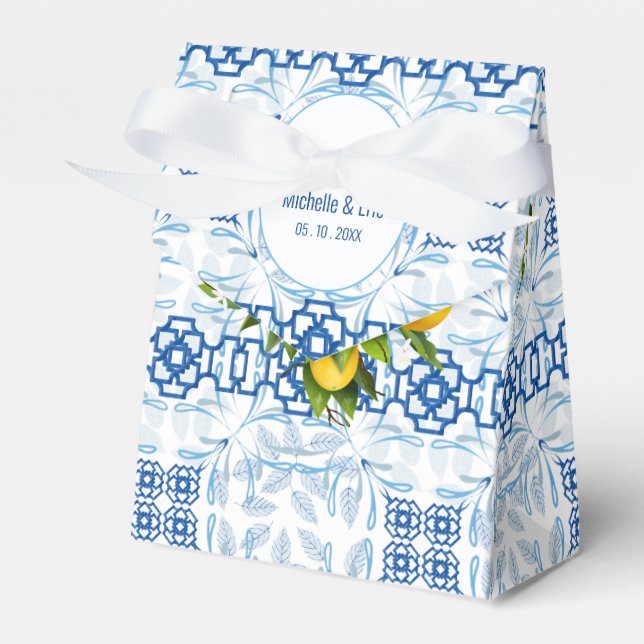Blue and White Lemon Mediterranean Wedding Favor Boxes (Front Side)