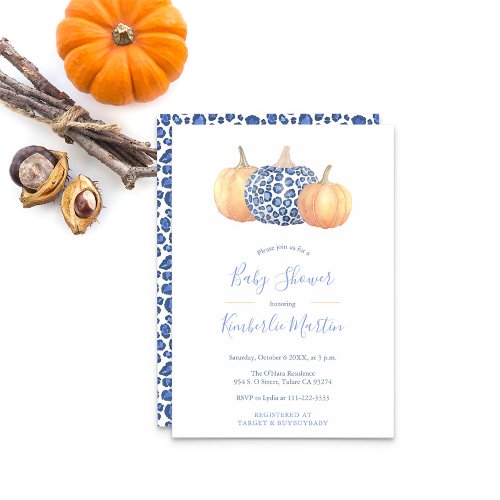 Blue And White Leopard Print Pumpkin Baby Shower Invitation