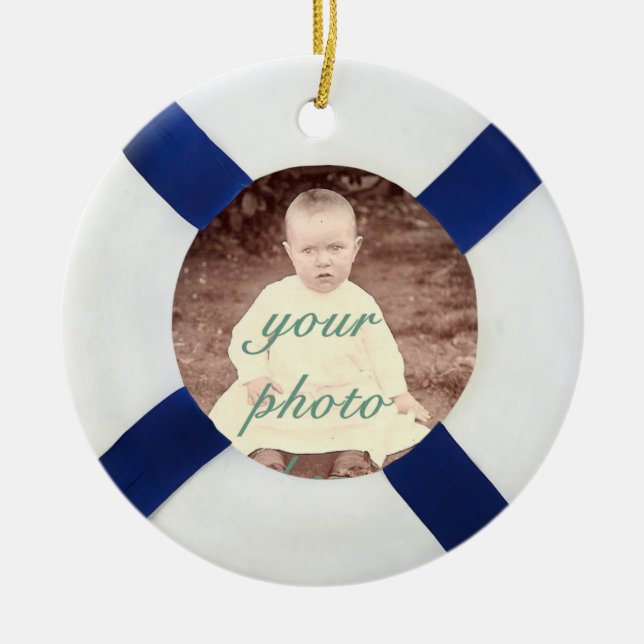 Blue and White Life Preserver Photo Frame Ceramic Ornament (Front)