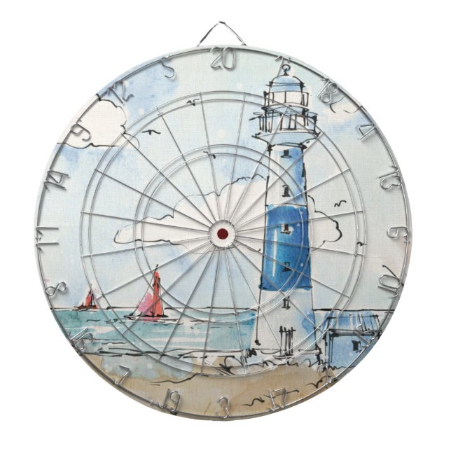 Blue and White Lighthouse Dart Board (Front)