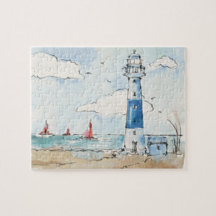 Blue and White Lighthouse Jigsaw Puzzle