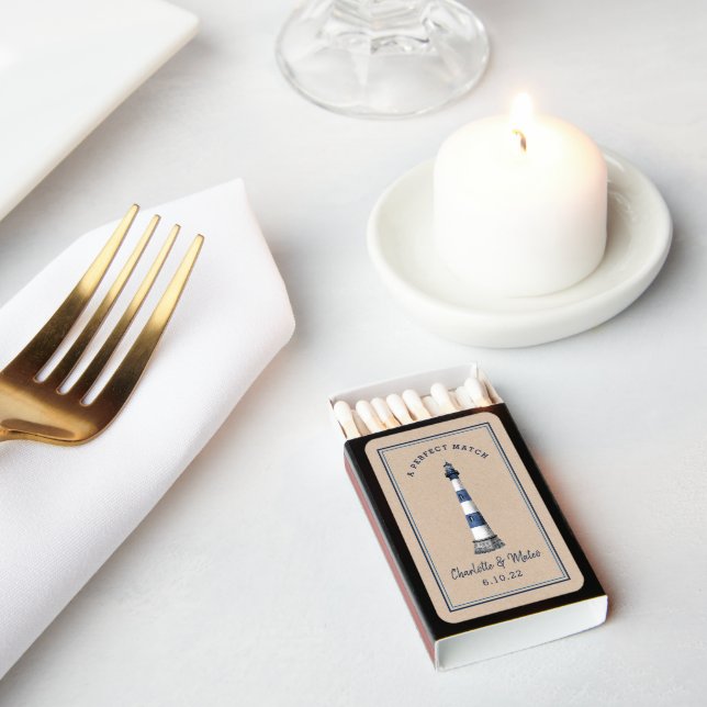 Blue and White Lighthouse Kraft Wedding Matchboxes (Insitu)