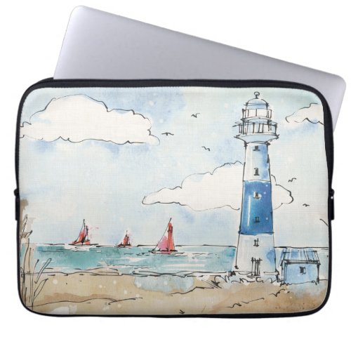 Blue and White Lighthouse Laptop Sleeve