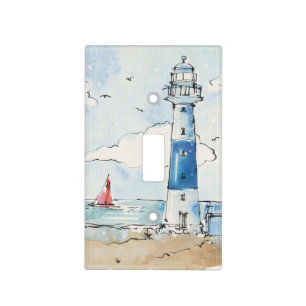 Blue and White Lighthouse Light Switch Cover