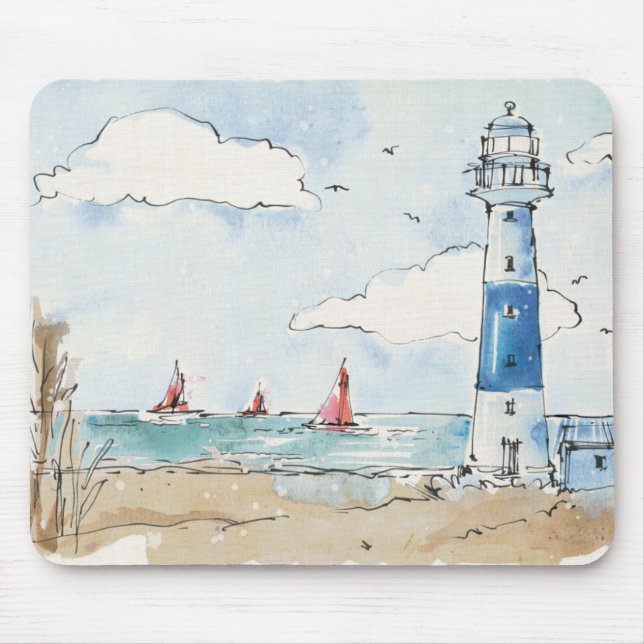 Blue and White Lighthouse Mouse Pad (Front)