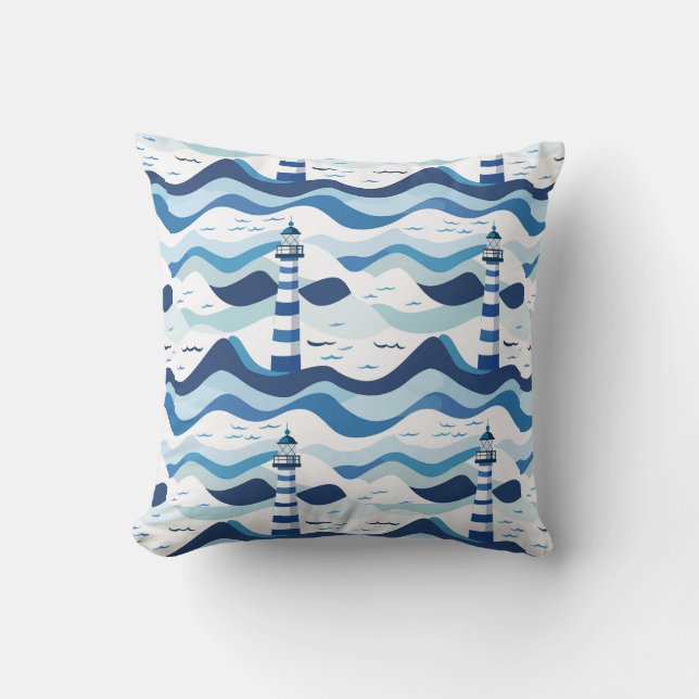 Blue and White Lighthouse Nautical  Throw Pillow (Front)