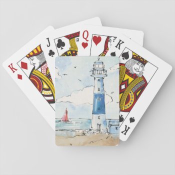 Blue And White Lighthouse Playing Cards by wildapple at Zazzle