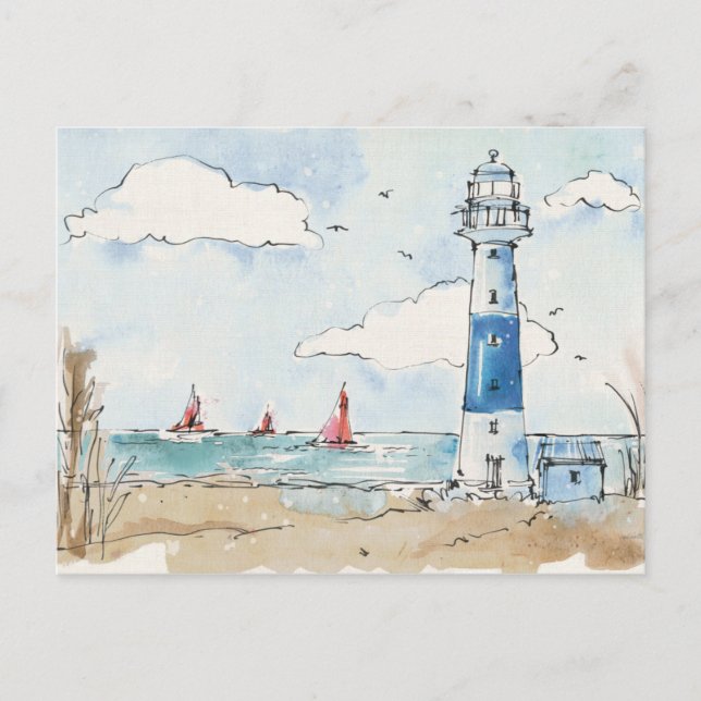 Blue and White Lighthouse Postcard (Front)