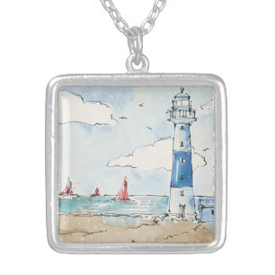Blue and White Lighthouse Silver Plated Necklace