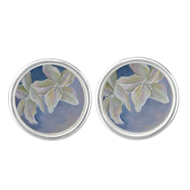 blue and white lily floral cufflinks (Front)