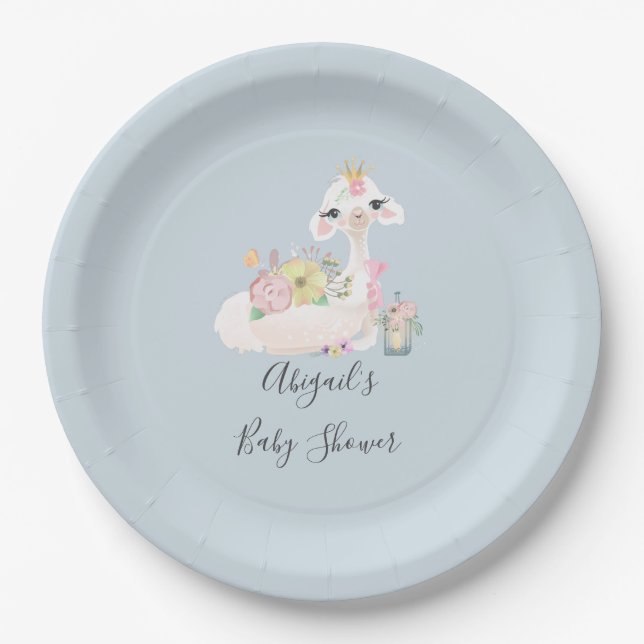 Blue and White Llama Baby Boy baby shower Paper Plates (Front)
