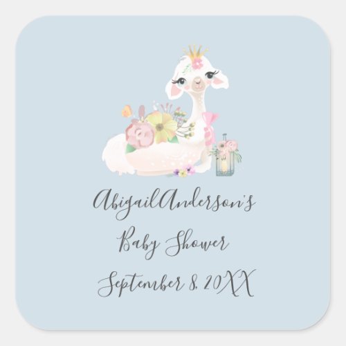 Blue and White Llama Baby Boy baby shower  Square Sticker