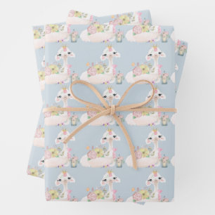Blue and White Llama Baby Boy baby shower Wrapping Paper Sheets