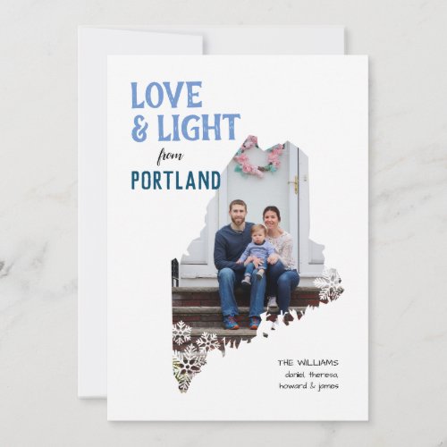 Blue and White Love and Light from Maine Holiday Card