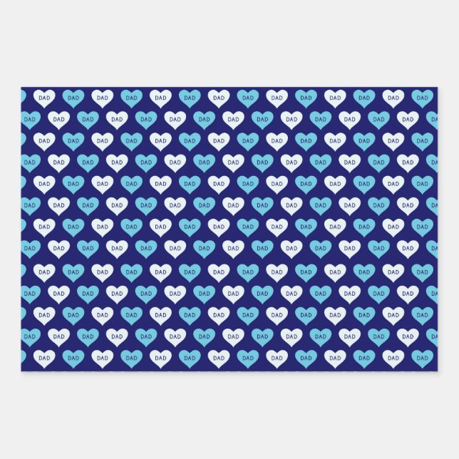 Blue and White Love Heart Dad Pattern Wrapping Paper Sheets (Front)