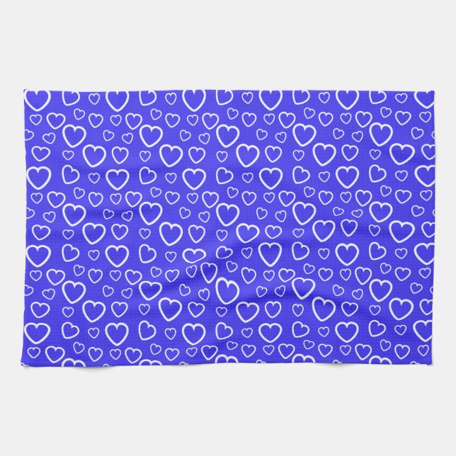 Blue and White Love Hearts Pattern Kitchen Towel (Horizontal)
