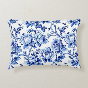Blue and White Magnolias Toile de Jouy Accent Pillow