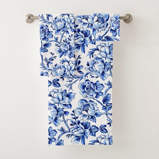 Blue and White Magnolias Toile de Jouy Bath Towel Set (Insitu)