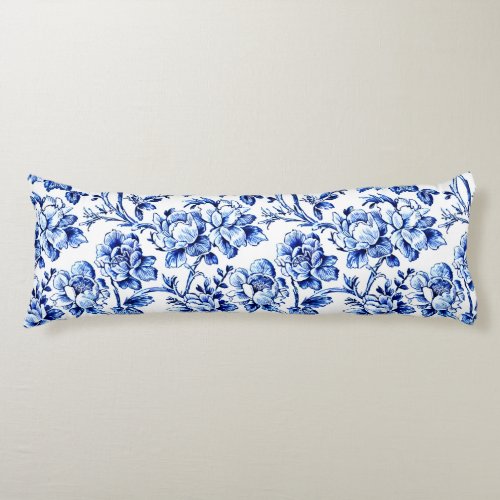 Blue and White Magnolias Toile de Jouy Body Pillow