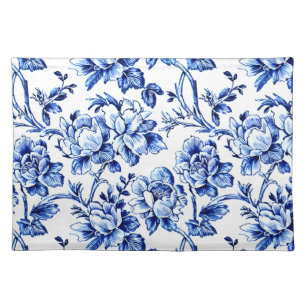 Blue and White Magnolias Toile de Jouy Cloth Placemat