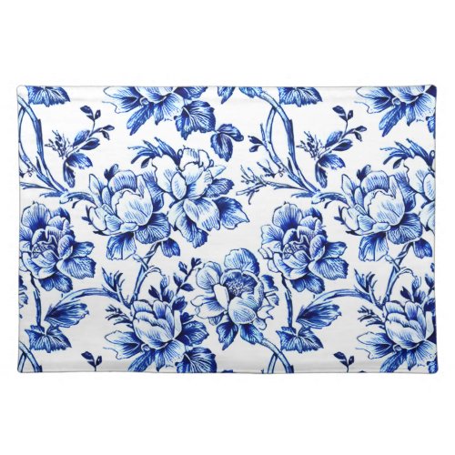 Blue and White Magnolias Toile de Jouy  Cloth Placemat