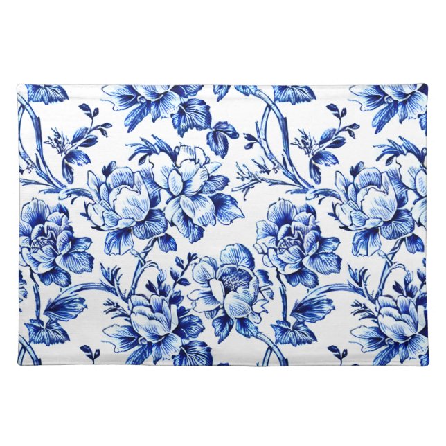 Blue and White Magnolias Toile de Jouy  Cloth Placemat (Front)