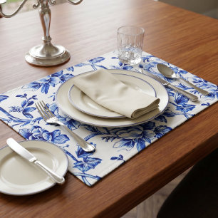 Blue and White Magnolias Toile de Jouy Cloth Placemat