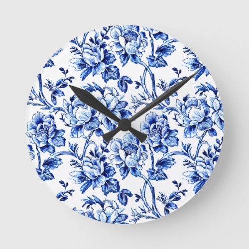 Blue and White Magnolias Toile de Jouy Round Clock