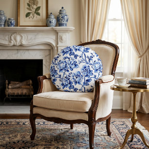 Blue and White Magnolias Toile de Jouy Round Pillow