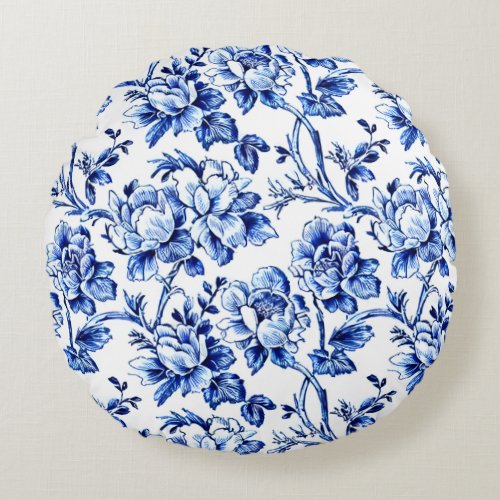 Blue and White Magnolias Toile de Jouy Round Pillow