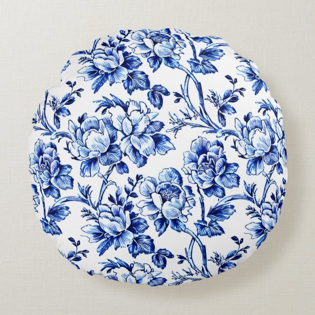 Blue and White Magnolias Toile de Jouy Round Pillow (Front)