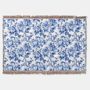 Blue and White Magnolias Toile de Jouy Throw Blanket
