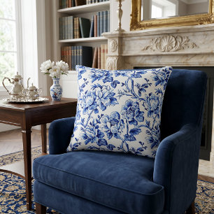Blue and White Magnolias Toile de Jouy Throw Pillow