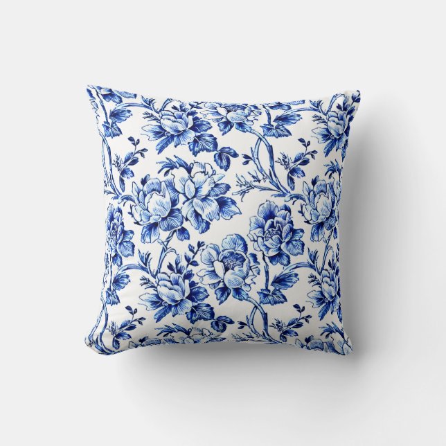 Blue and White Magnolias Toile de Jouy Throw Pillow (Front)
