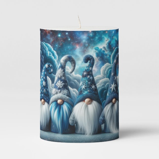 Blue and White Majestic Christmas Gnomes Cosmic  Pillar Candle (Front)