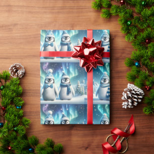 Blue and White Majestic Christmas Penguins Wrapping Paper