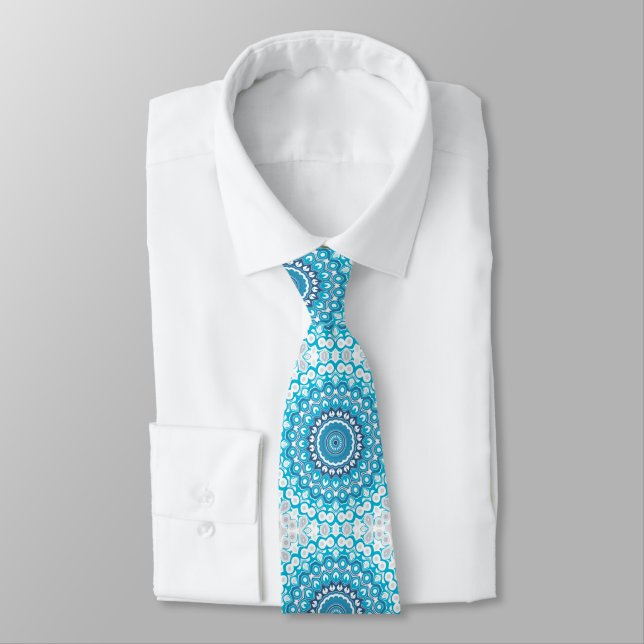 Blue and White Mandala Frosted Winter Geometric Neck Tie (Tied)