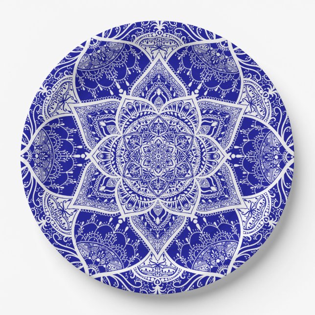 Blue and White Mandala - Loergann in Sapphire Paper Plates (Front)