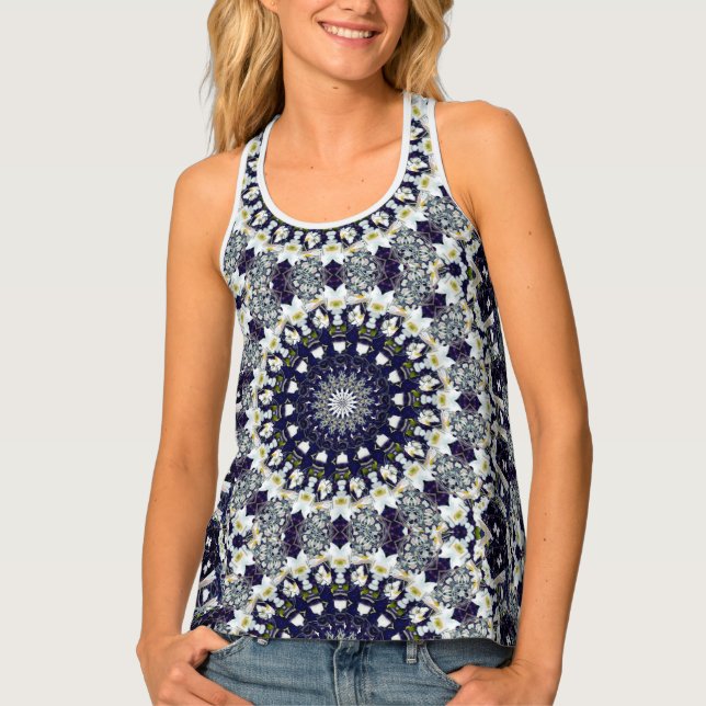 Blue and White Mandala Pattern Tank Top (Front)