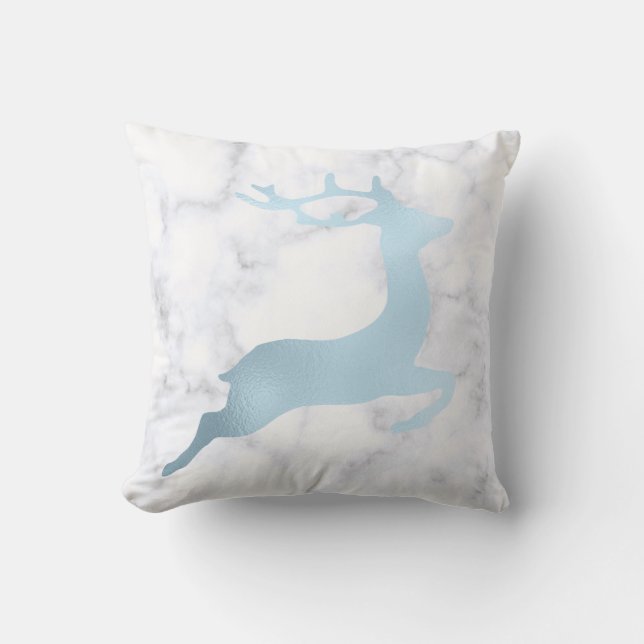 Blue and white marble Christmas reindeer pattern Throw Pillow (Front)