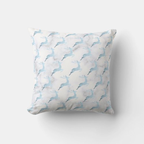 Blue and white marble Christmas reindeer pattern Throw Pillow