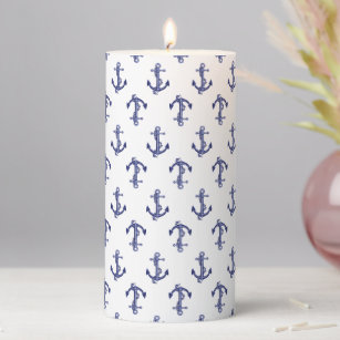 Blue and white marine anchor  pillar candle