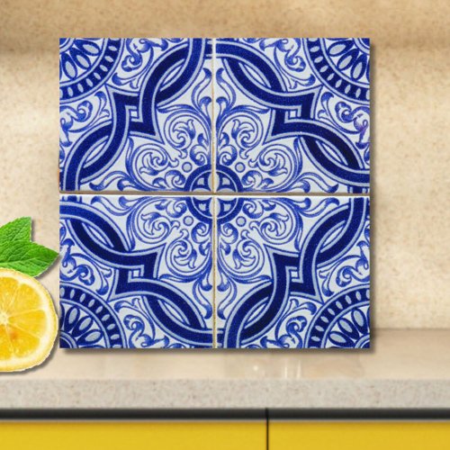 Blue and White Mediterranean Azulejo Pattern Ceramic Tile