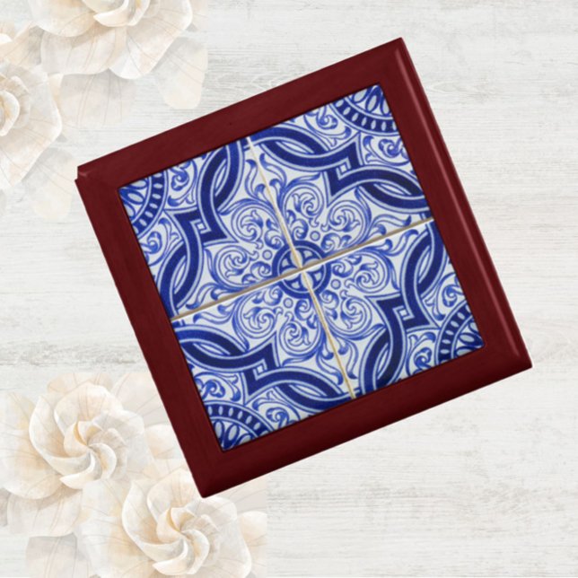 Blue and White Mediterranean Azulejo Tile Pattern Gift Box (A beautiful blue + white vintage tile pattern keepsake box makes a great gift.)