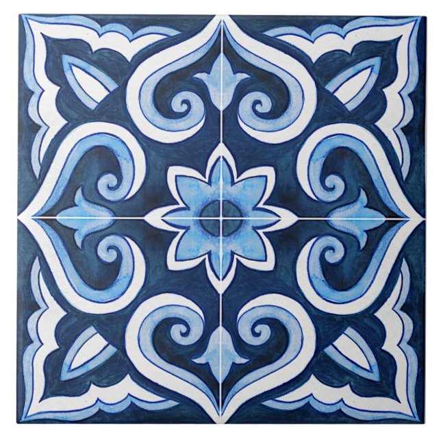 Blue And White Mediterranean Ceramic Tile (Front)